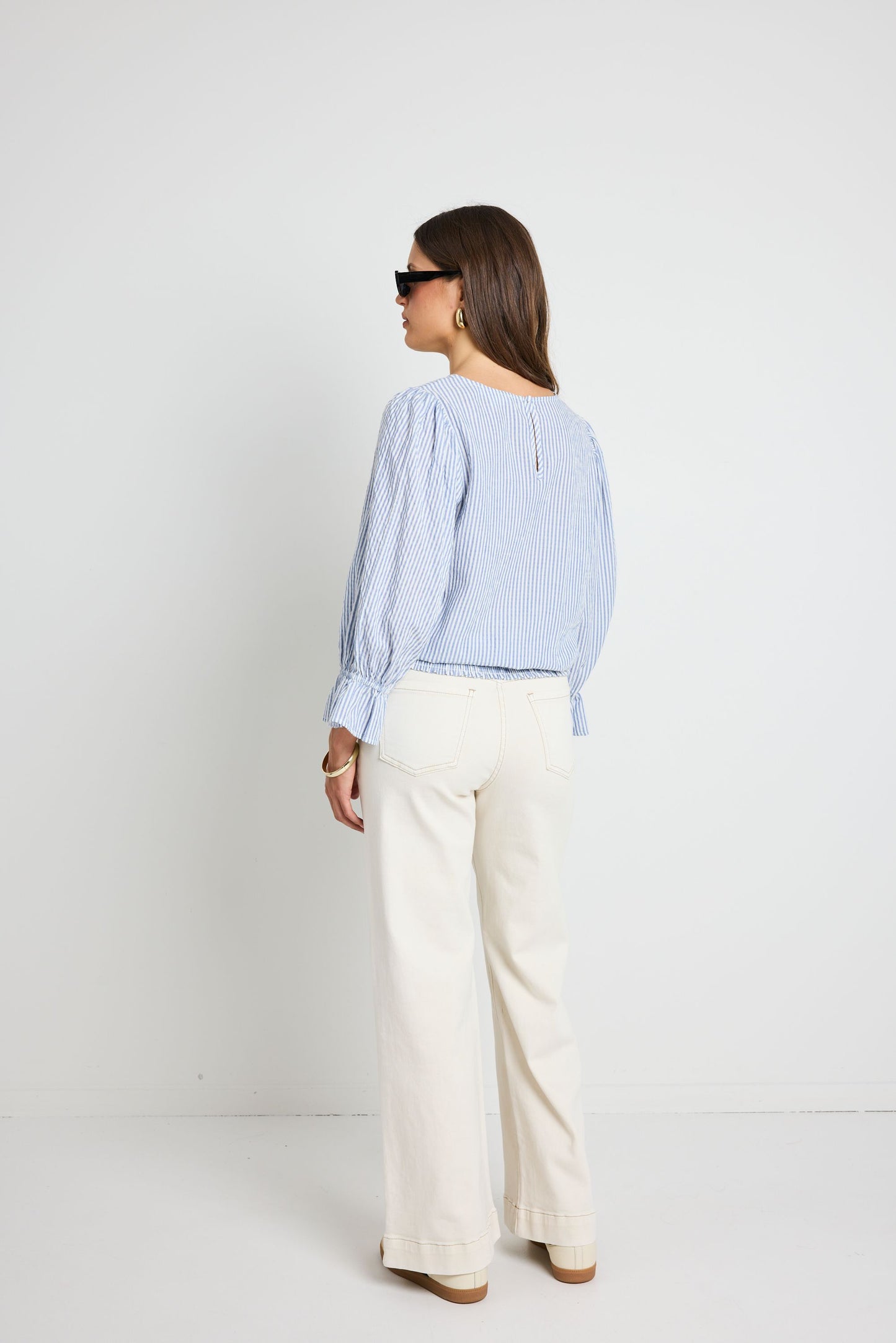 IVY + JACK IMAGINE BLUE STRIPE SHIRRED BACK LS TOP - THE VOGUE STORE