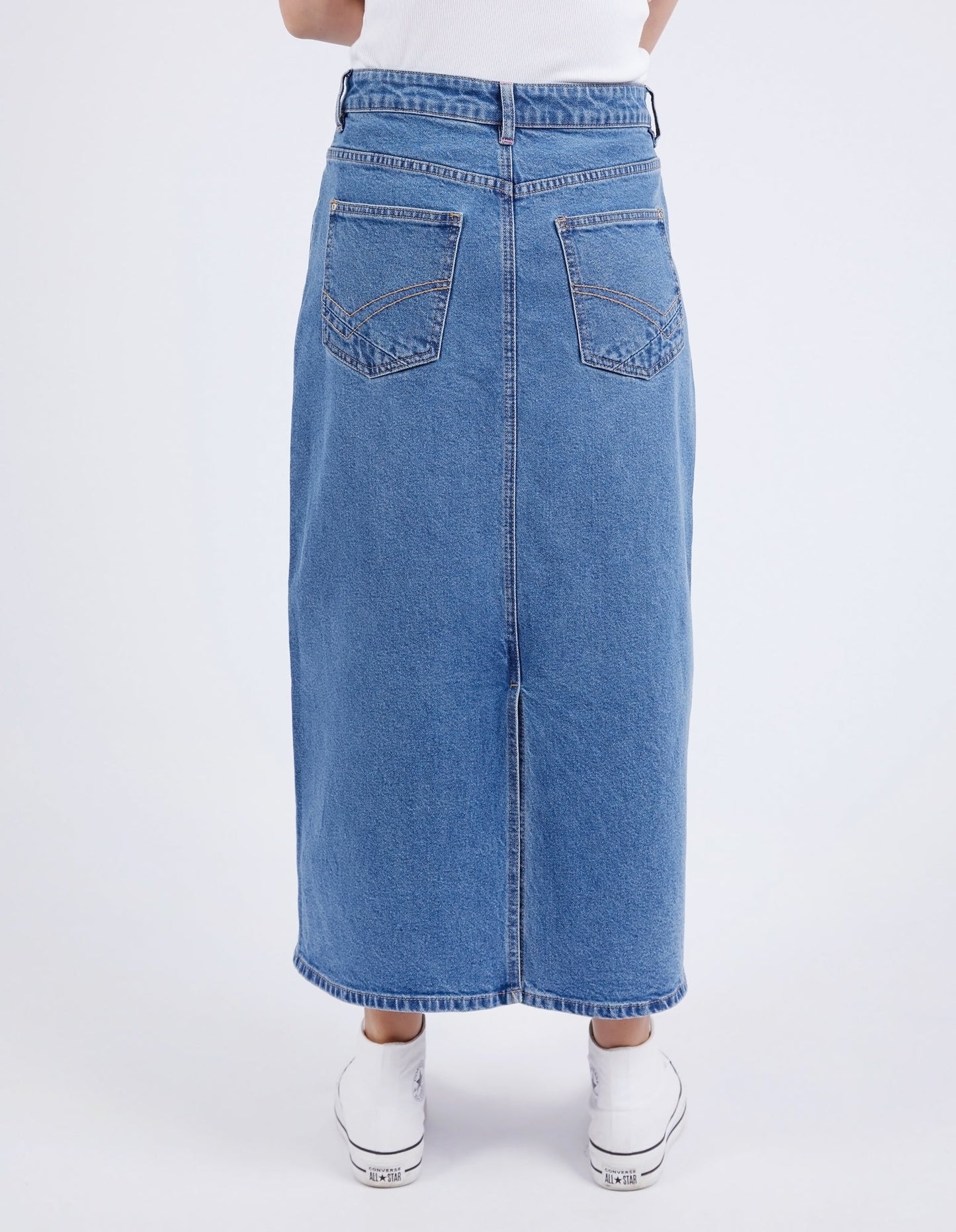 ELM ZOE MIDI DENIM SKIRT - MID BLUE WASH - THE VOGUE STORE