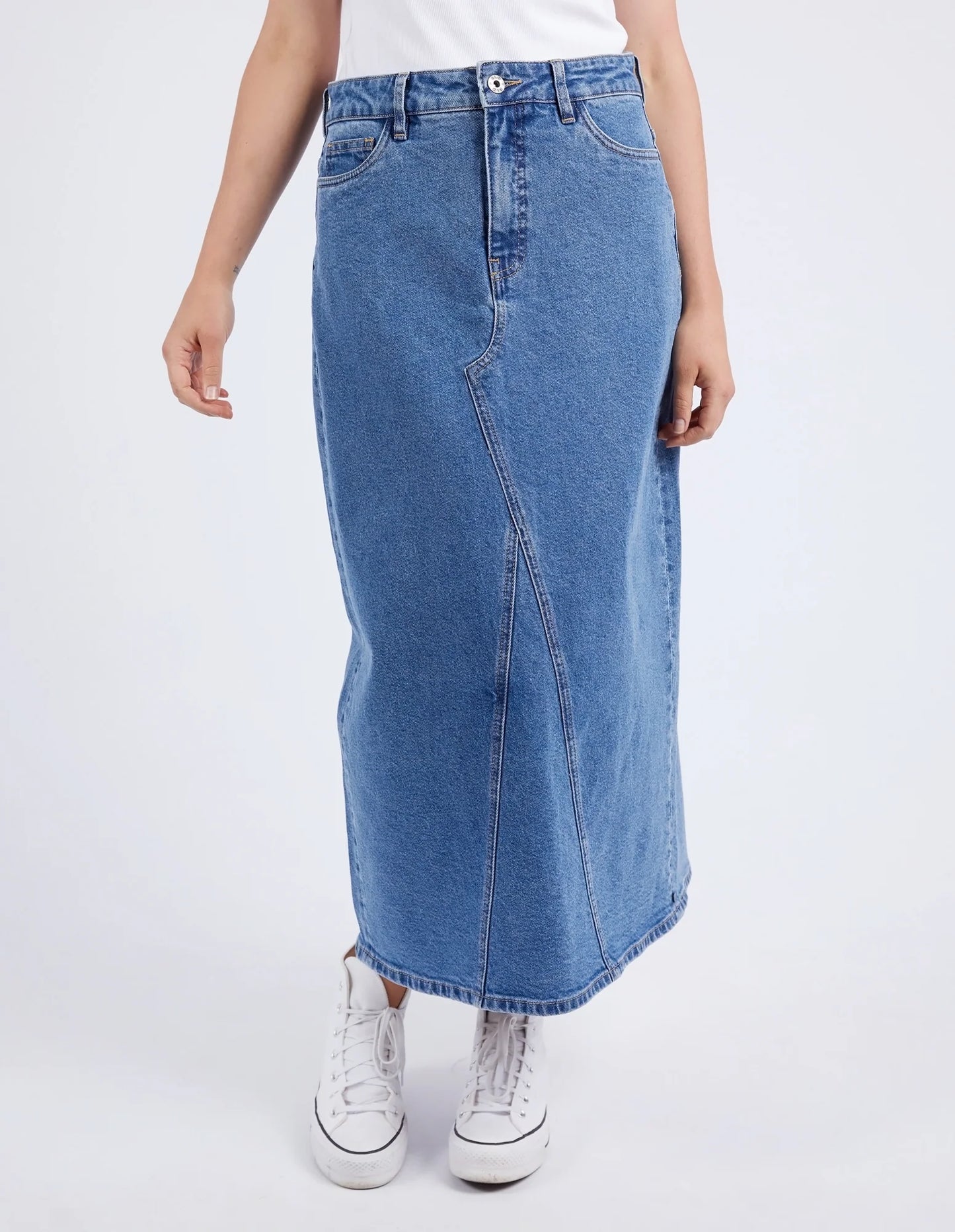 ELM ZOE MIDI DENIM SKIRT - MID BLUE WASH - THE VOGUE STORE