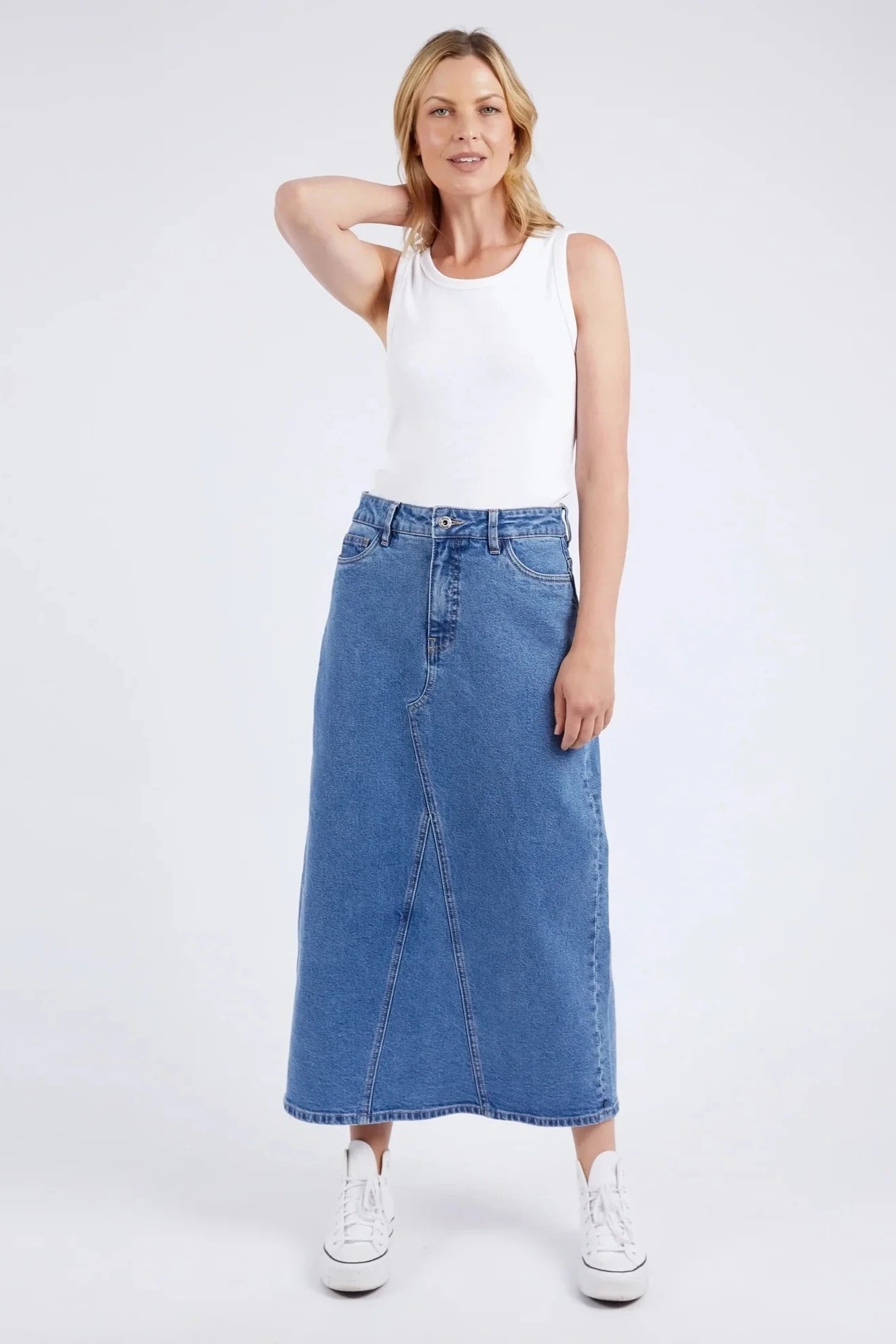 ELM ZOE MIDI DENIM SKIRT - MID BLUE WASH - THE VOGUE STORE