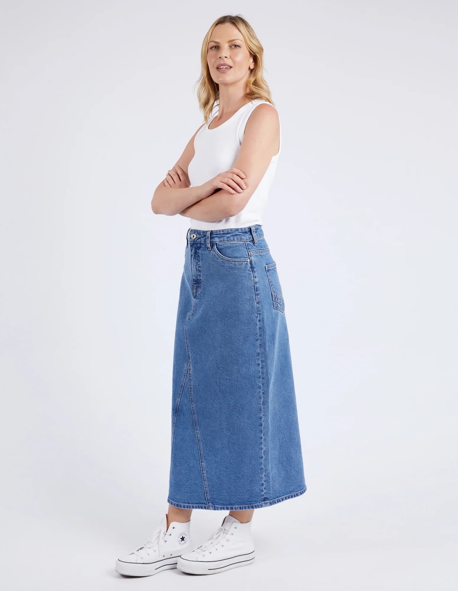 ELM ZOE MIDI DENIM SKIRT - MID BLUE WASH - THE VOGUE STORE