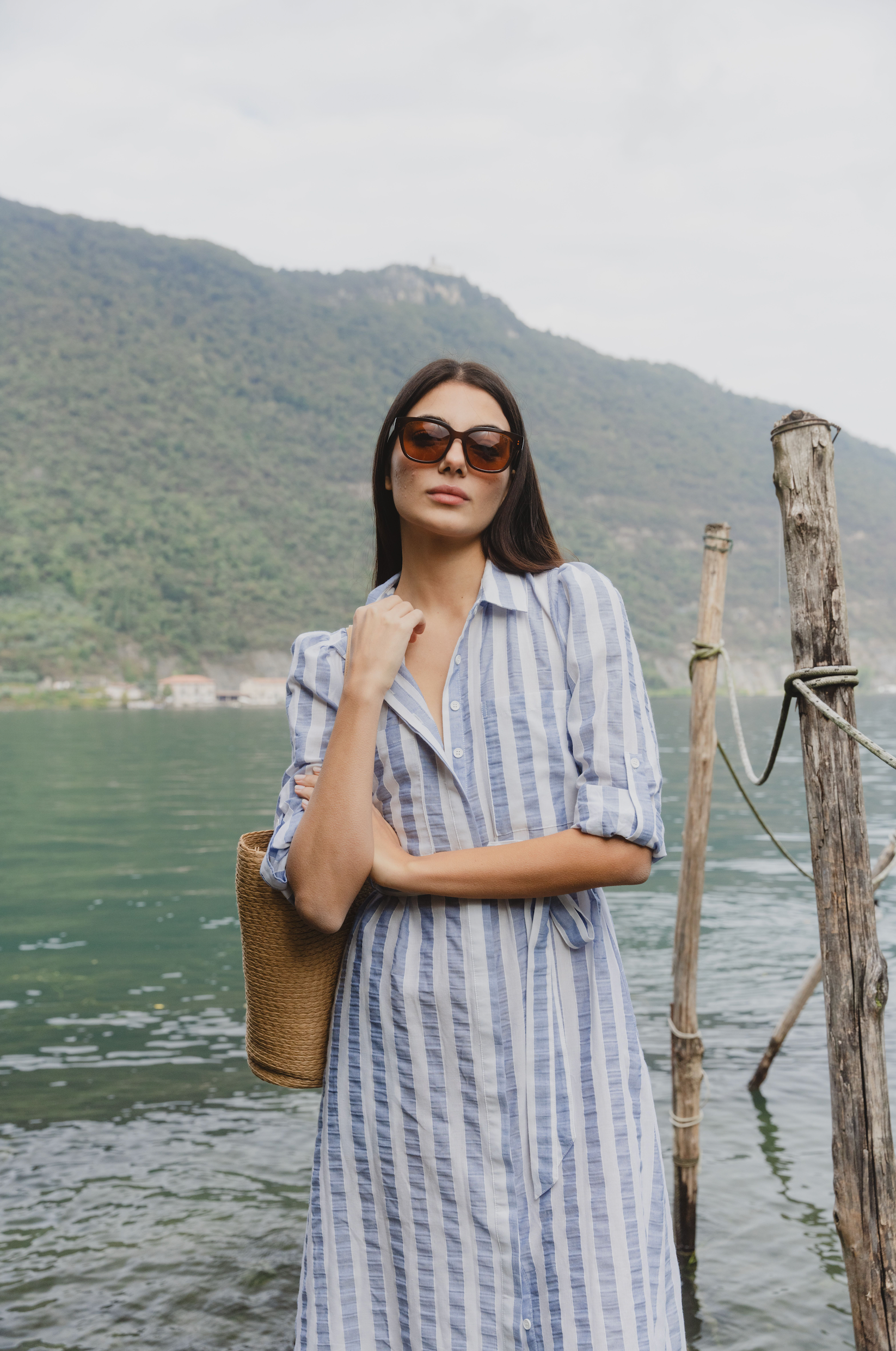 AMONG THE BRAVE CYPRUS BLUE STRIPE LS SHIRT MIDI DRESS - THE VOGUE STORE