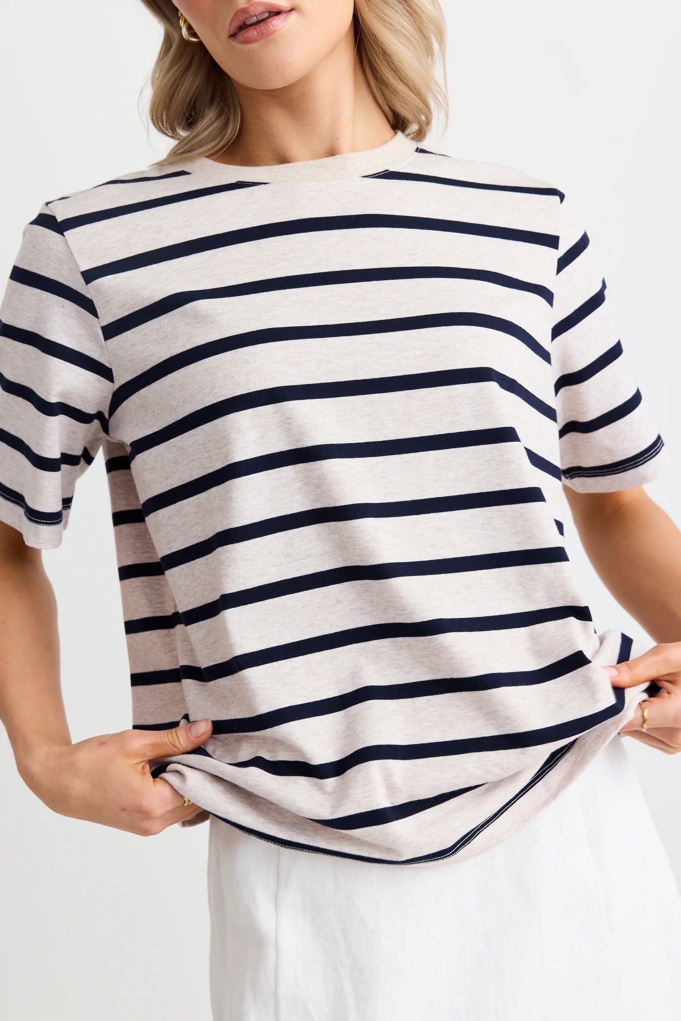 RE:UNION BINDING ECRU NAVY STRIPE BOXY FIT TEE - THE VOGUE STORE