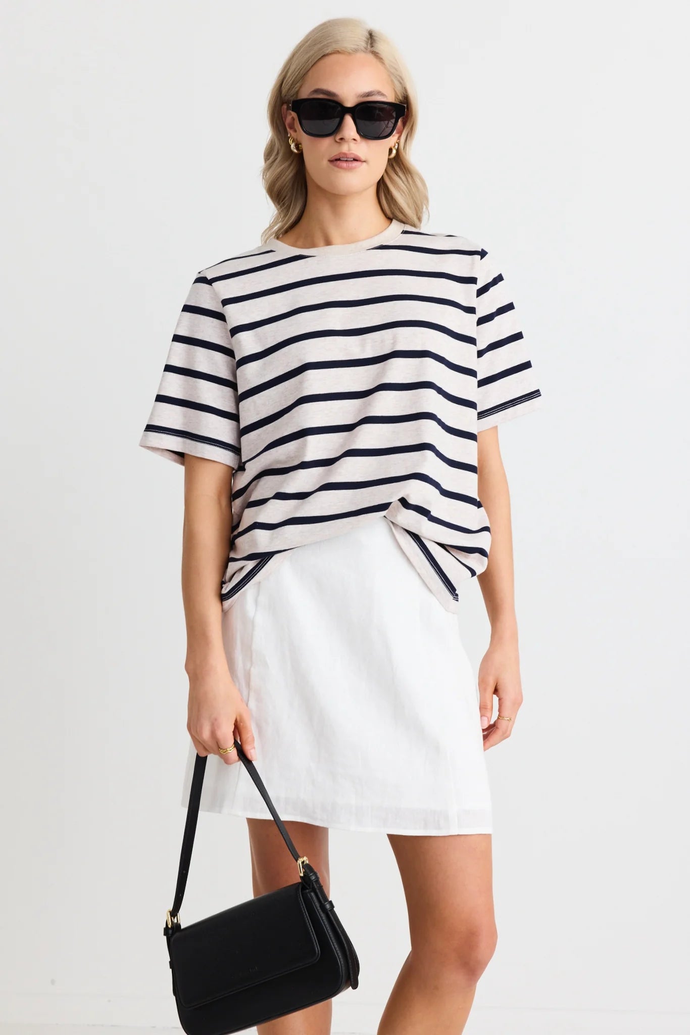 RE:UNION BINDING ECRU NAVY STRIPE BOXY FIT TEE - THE VOGUE STORE