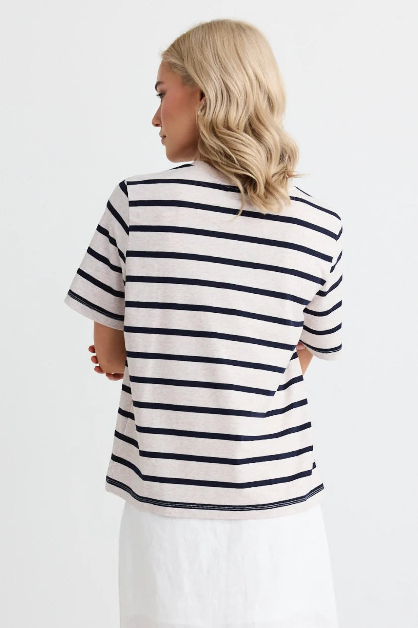 RE:UNION BINDING ECRU NAVY STRIPE BOXY FIT TEE - THE VOGUE STORE