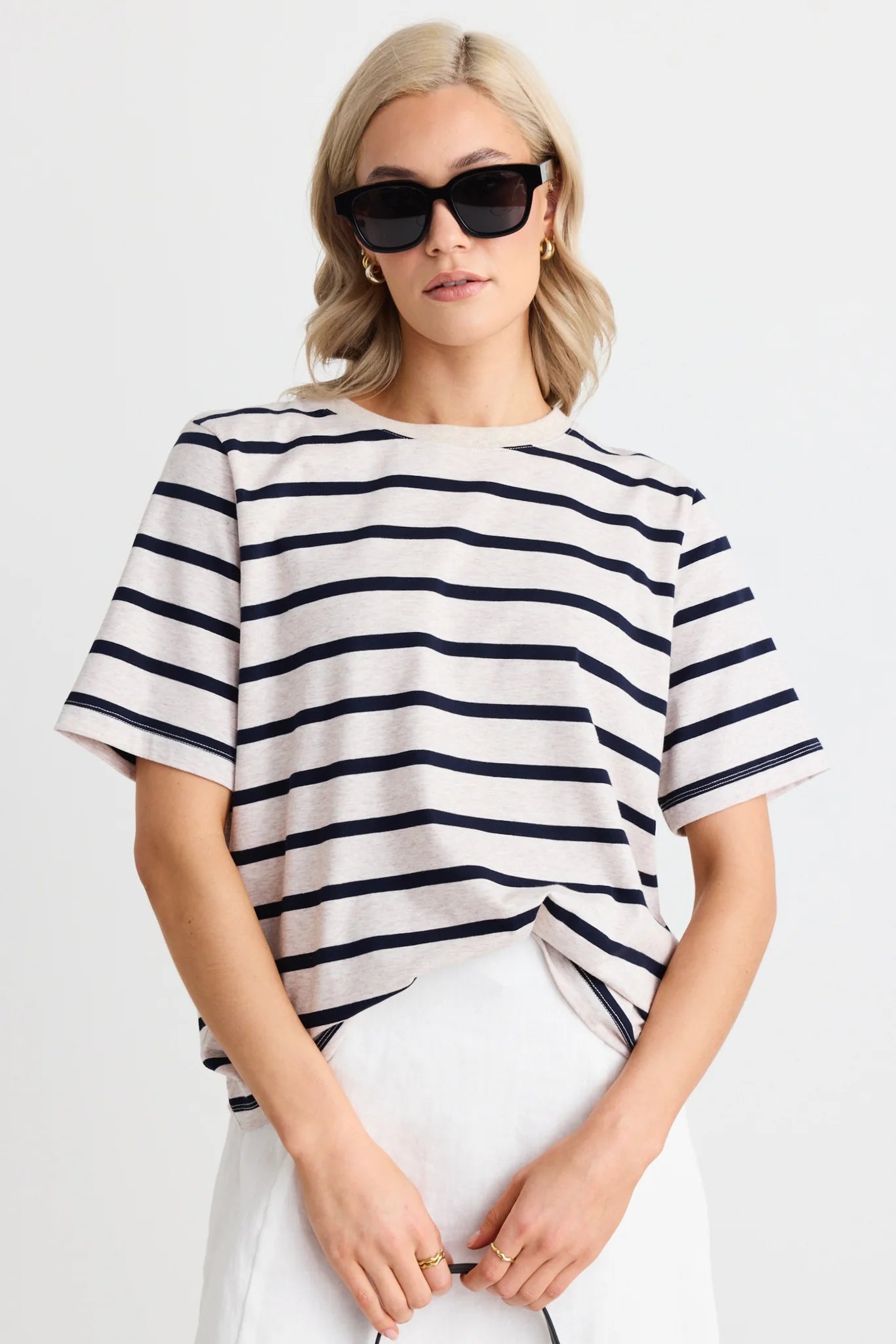 RE:UNION BINDING ECRU NAVY STRIPE BOXY FIT TEE - THE VOGUE STORE