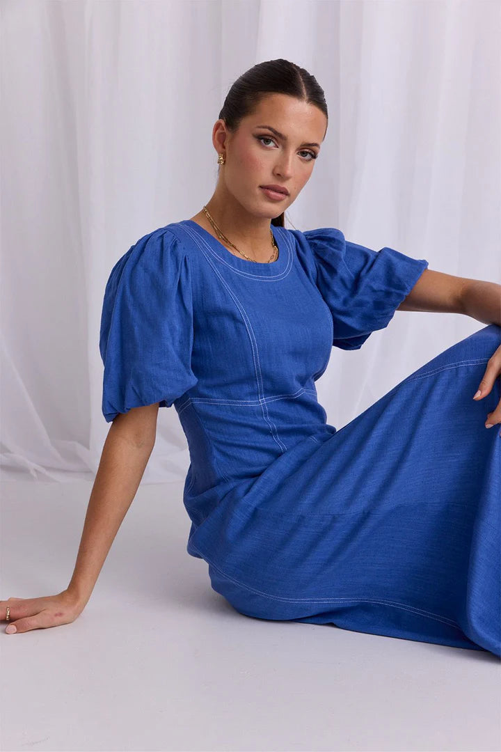 STORIES TO BE TOLD STATE LAKE BLUE LINEN BLEND SS MIDI DRESS - THE VOGUE STORE