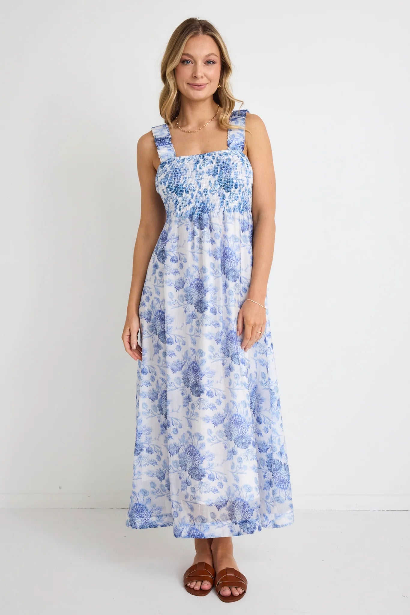 IVY + JACK HALO BLUE FLORAL STRAPPY SHIRRED BOW BACK MIDI DRESS - THE VOGUE STORE