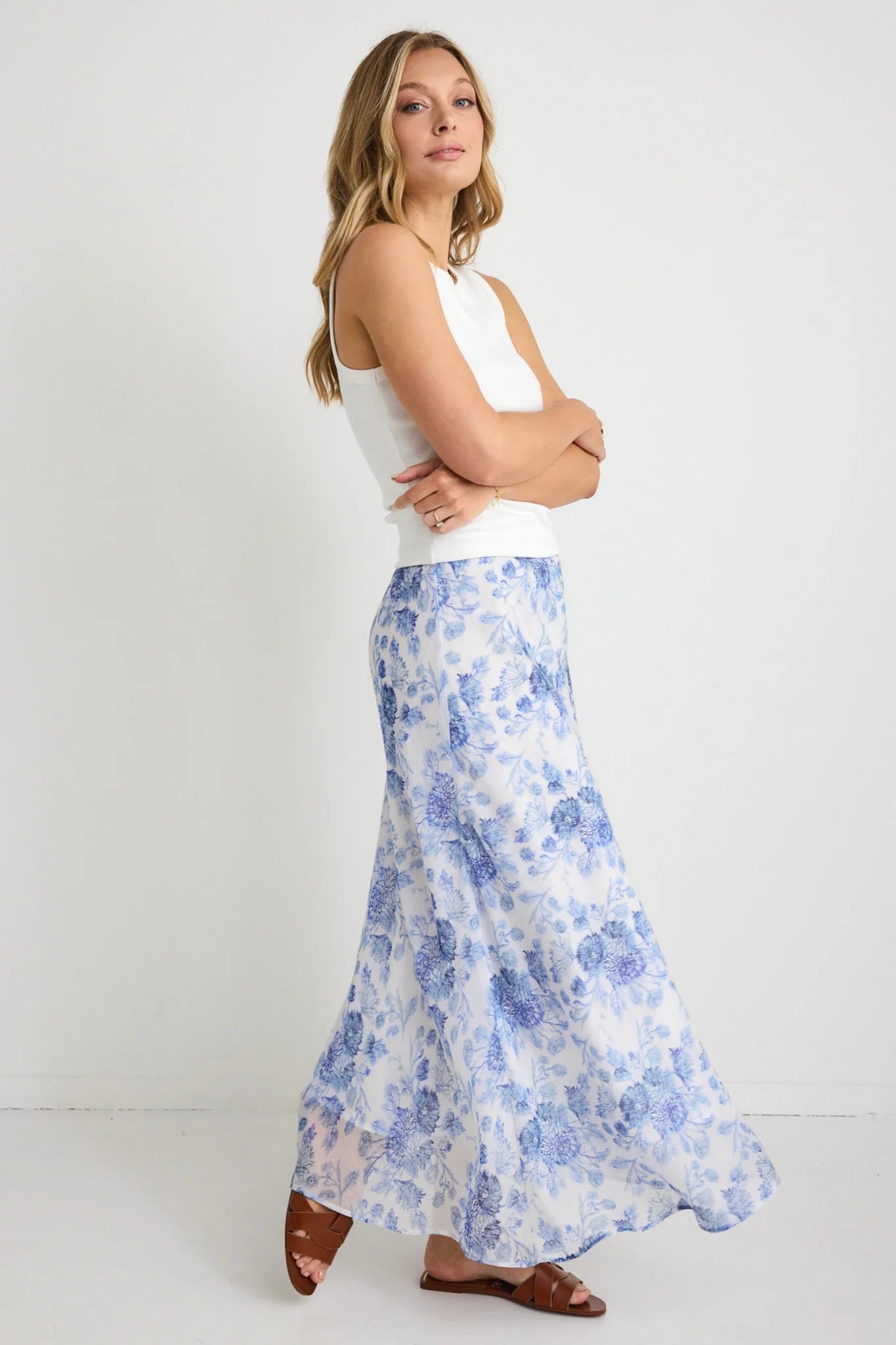 IVY & JACK HAVEN BLUE FLORAL BIAS CUT FLOATY MAXI SKIRT - THE VOGUE STORE