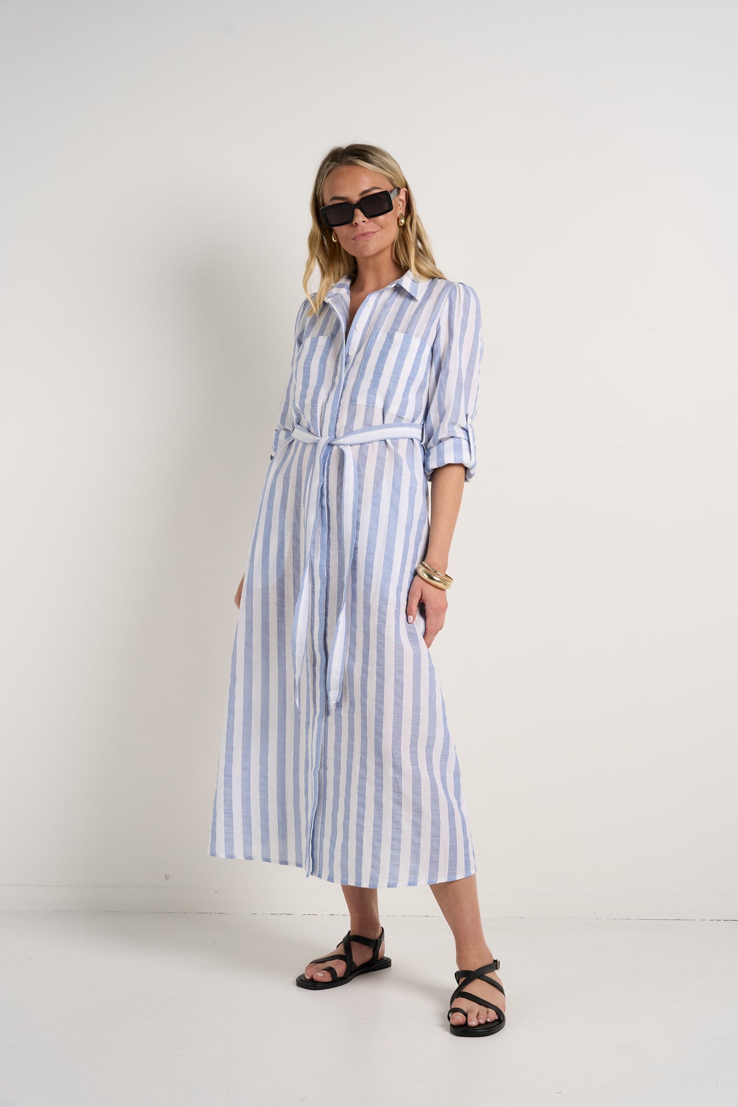 AMONG THE BRAVE CYPRUS BLUE STRIPE LS SHIRT MIDI DRESS - THE VOGUE STORE