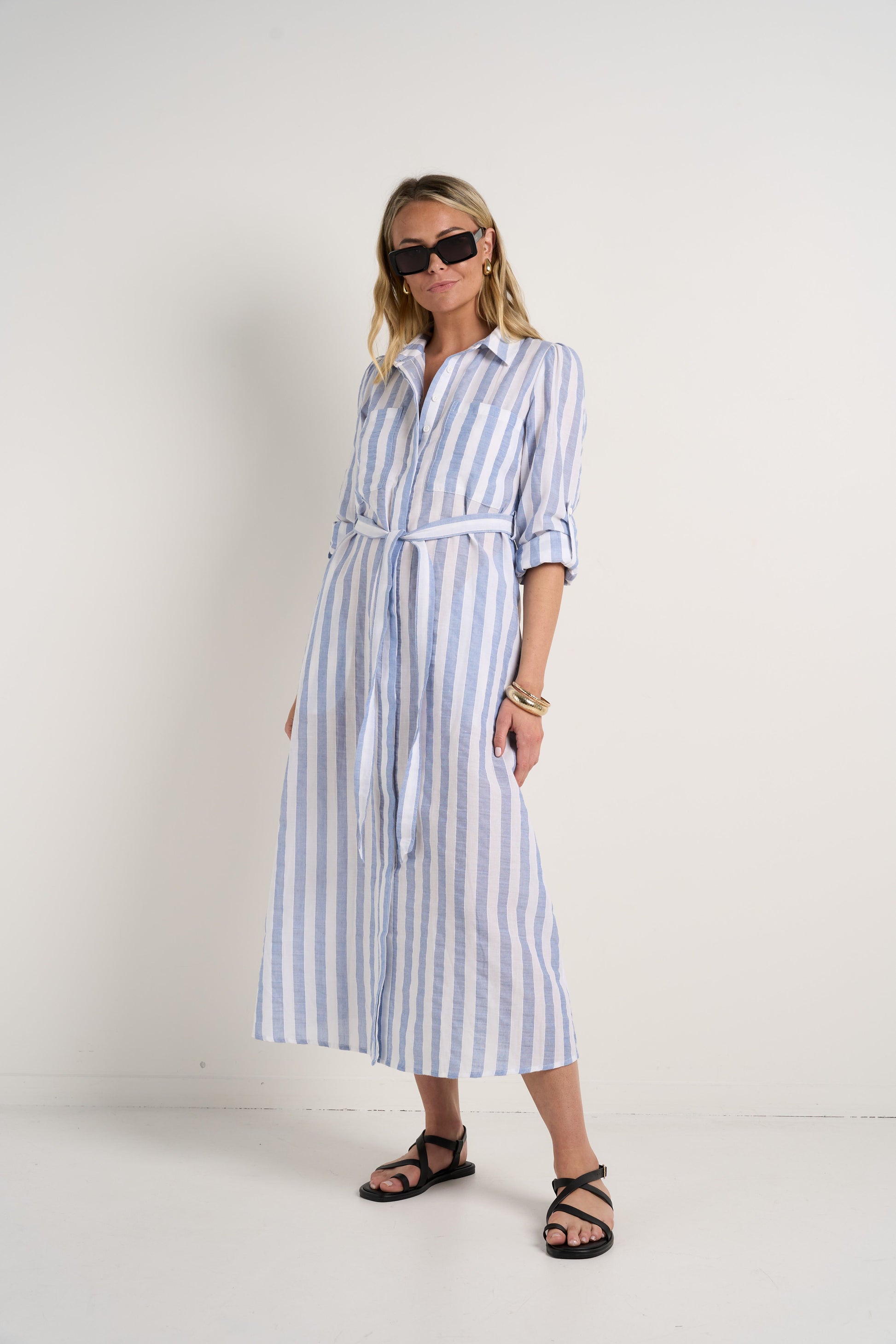 AMONG THE BRAVE CYPRUS BLUE STRIPE LS SHIRT MIDI DRESS - THE VOGUE STORE