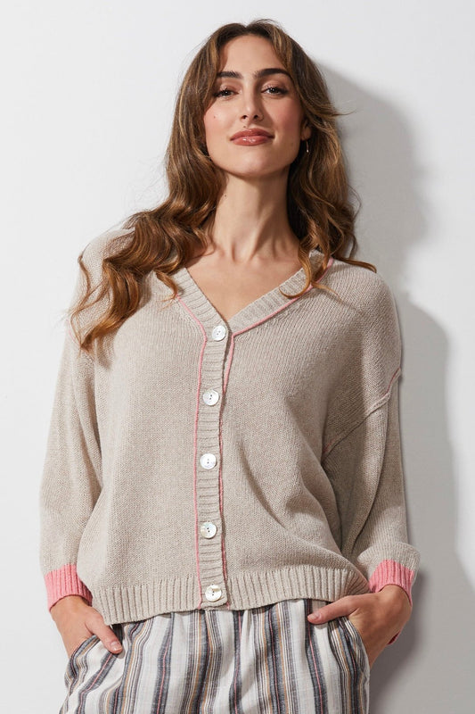 LD & CO CHUNKY LINEN CARDI - FLAX - THE VOGUE STORE