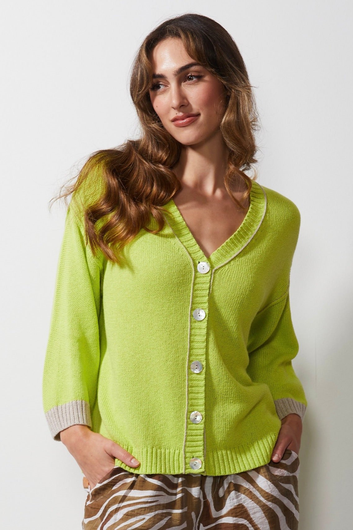 LD & CO CHUNKY LINEN CARDI - LIME - THE VOGUE STORE