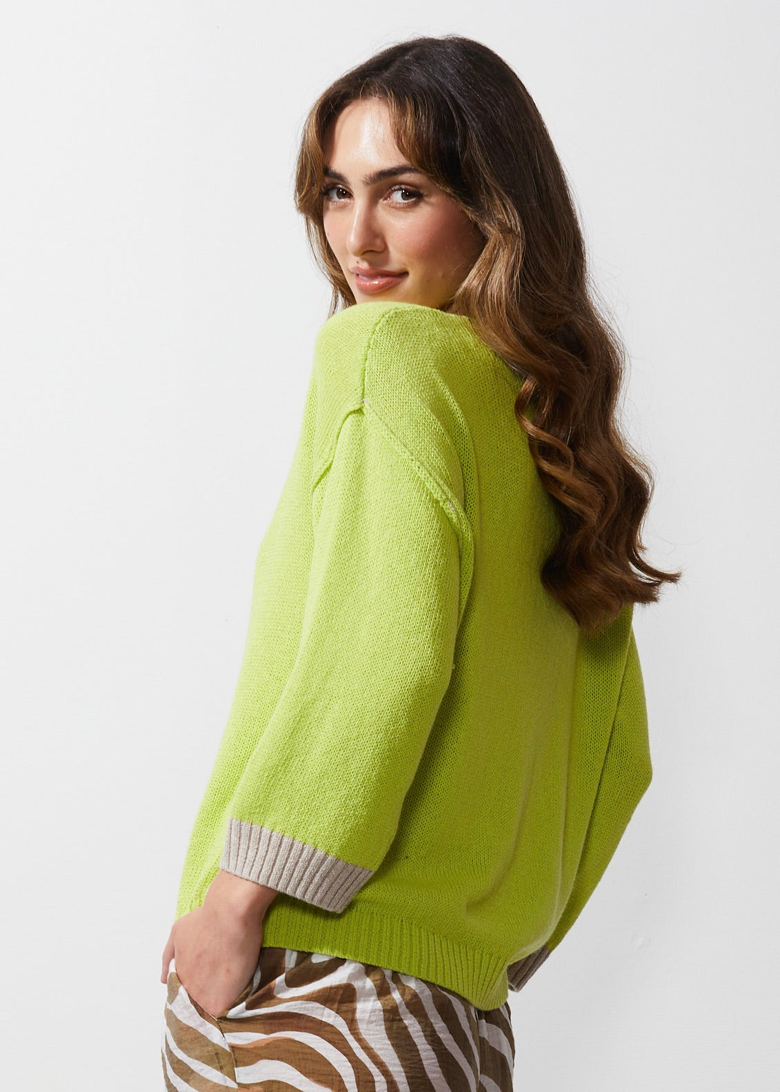 LD & CO CHUNKY LINEN CARDI - LIME - THE VOGUE STORE