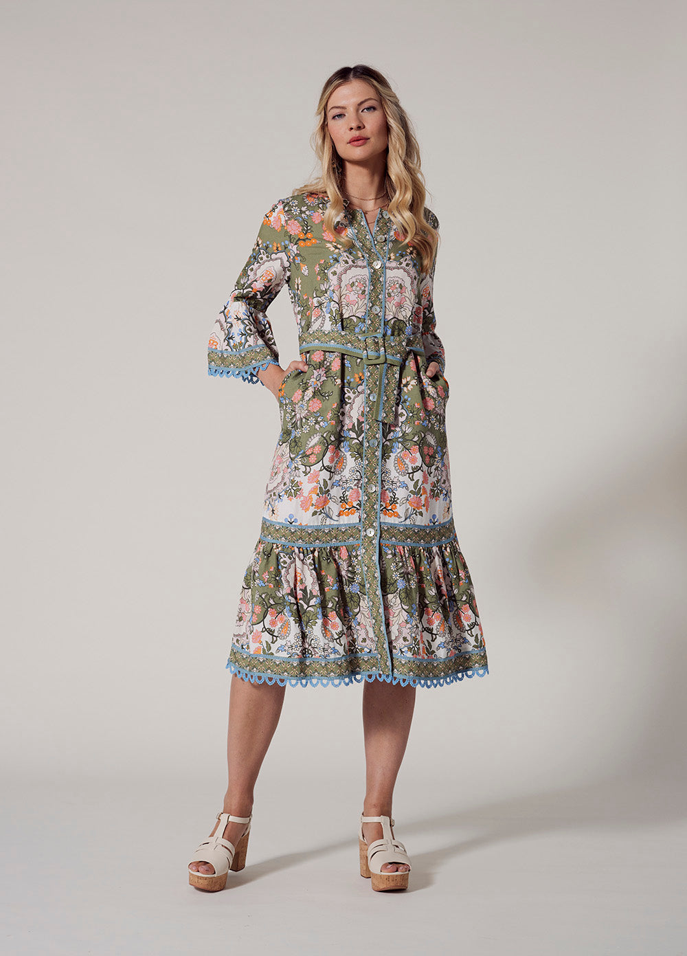 LOOBIES STORY SIENA MIDI DRESS - OLIVE MULTI - THE VOGUE STORE