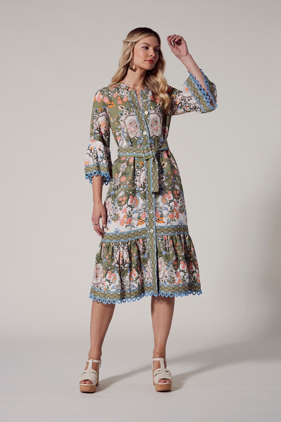 LOOBIES STORY SIENA MIDI DRESS - OLIVE MULTI - THE VOGUE STORE