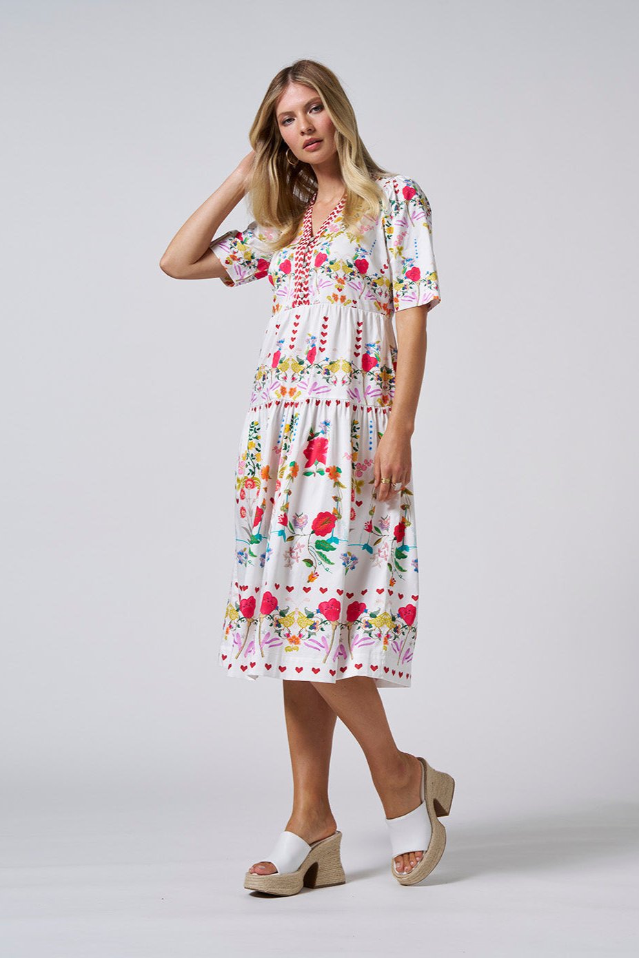 LOOBIES STORY HARMONIA MIDI DRESS - WHITE MULTI - THE VOGUE STORE