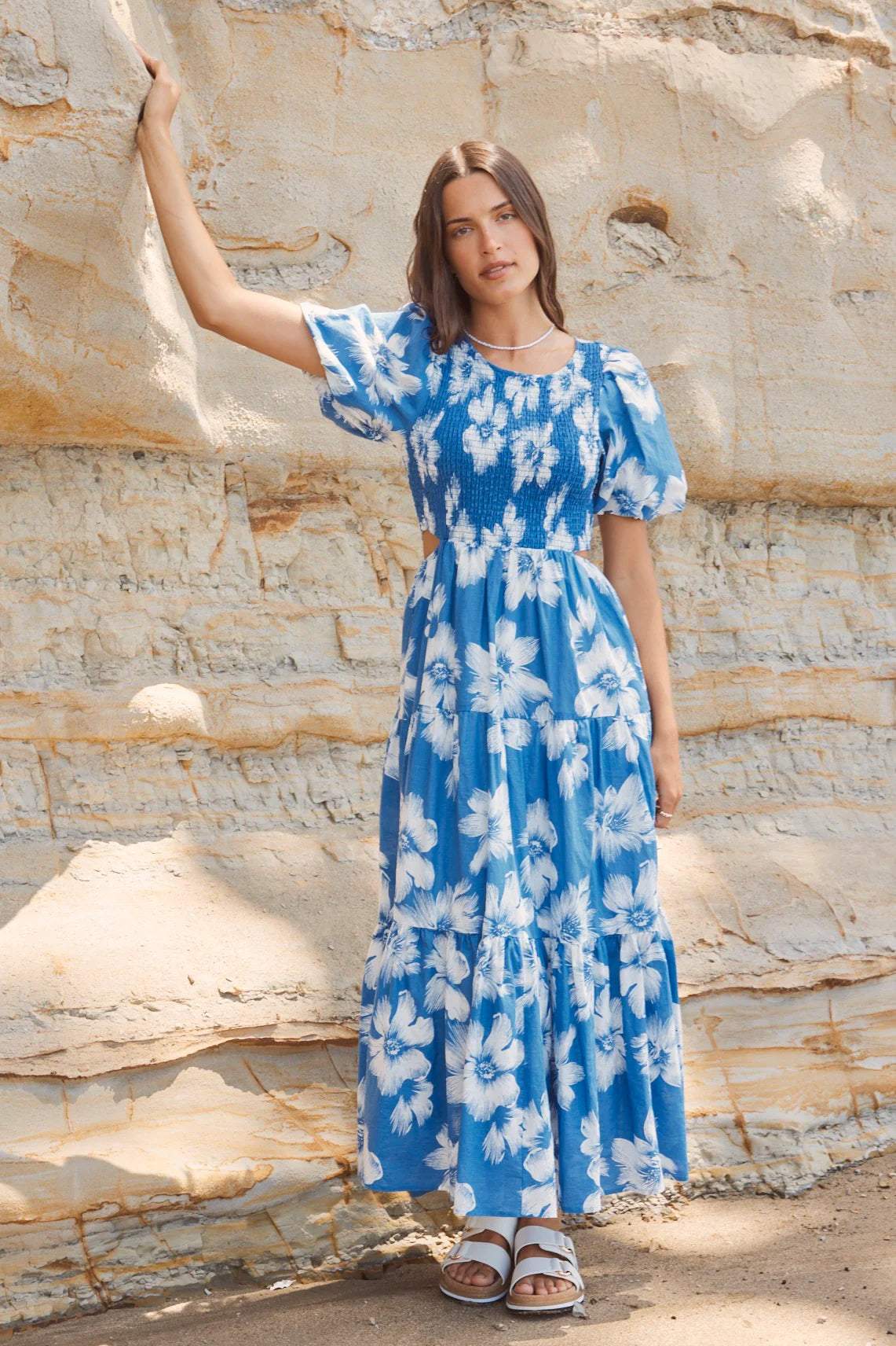 IVY + JACK MILANO BLUE HIBISCUS BUBBLE SLEEVE TIERED MAXI DRESS - THE VOGUE STORE