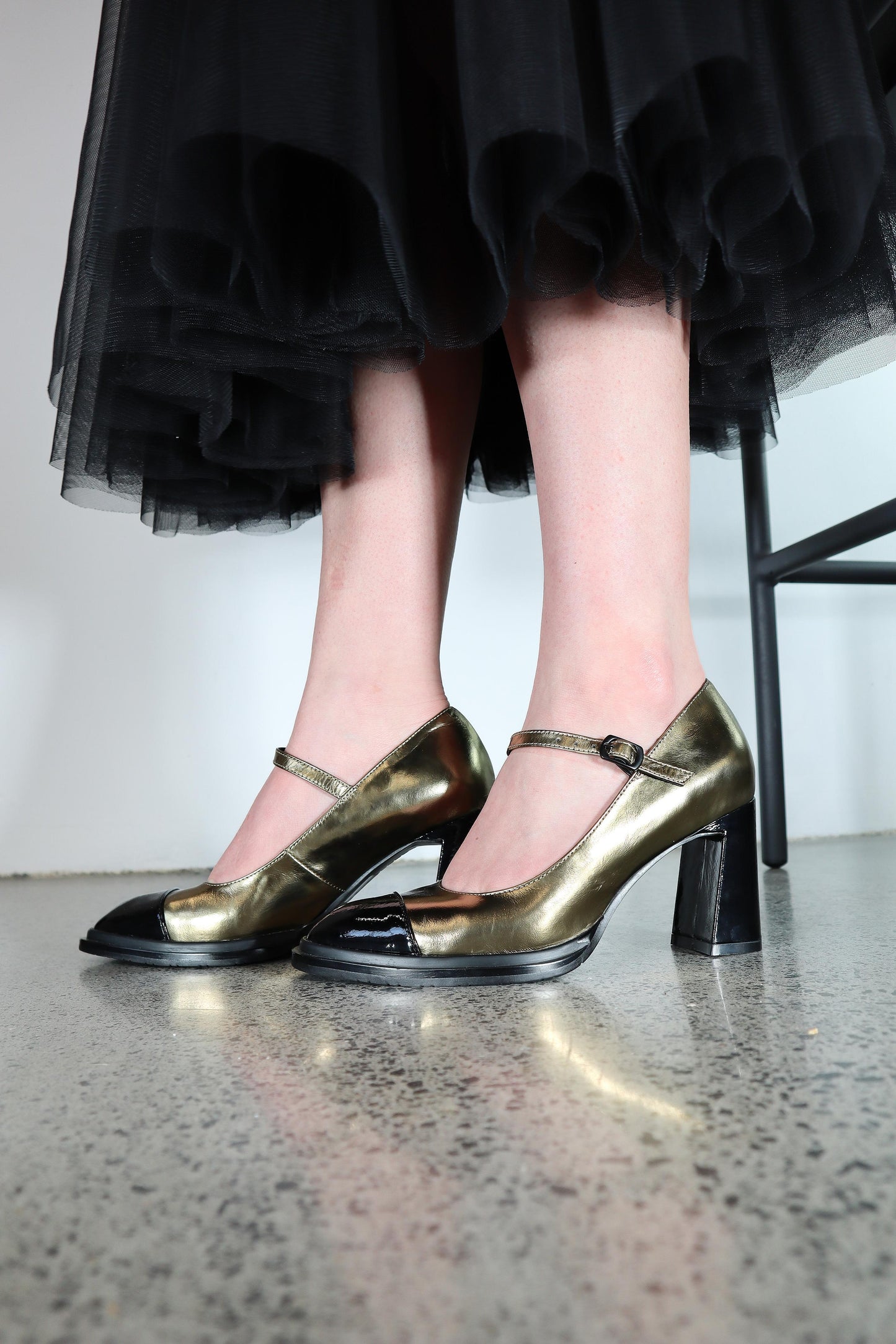 MINX MISS M - BLACK PATENT/OLD GOLD - THE VOGUE STORE