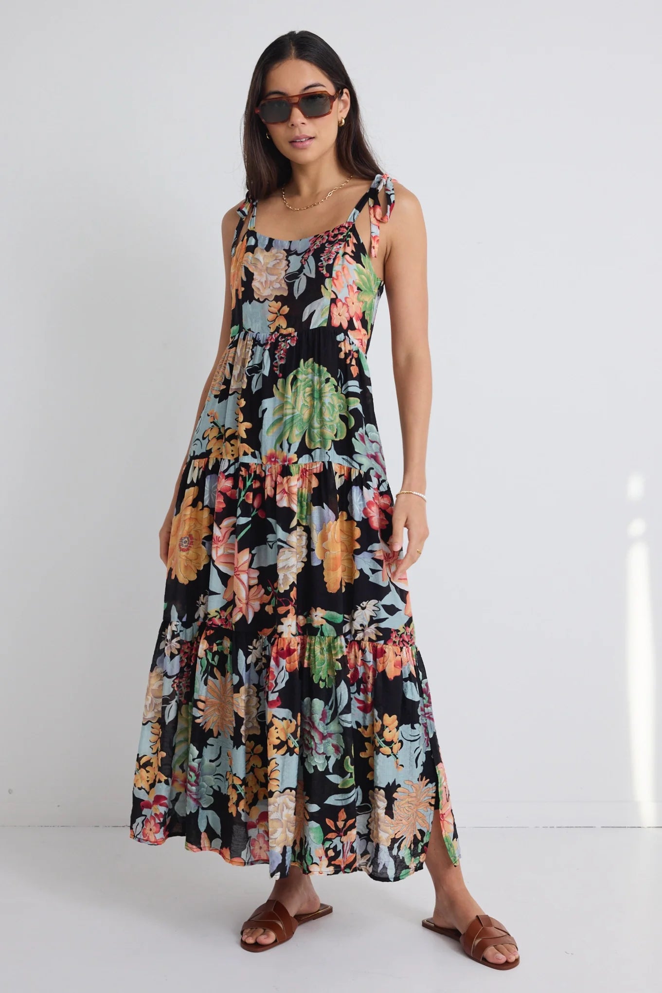 AMONG THE BRAVE NIMBUS TROPICAL BLACK STRAPPY TIERED MAXI DRESS - THE VOGUE STORE