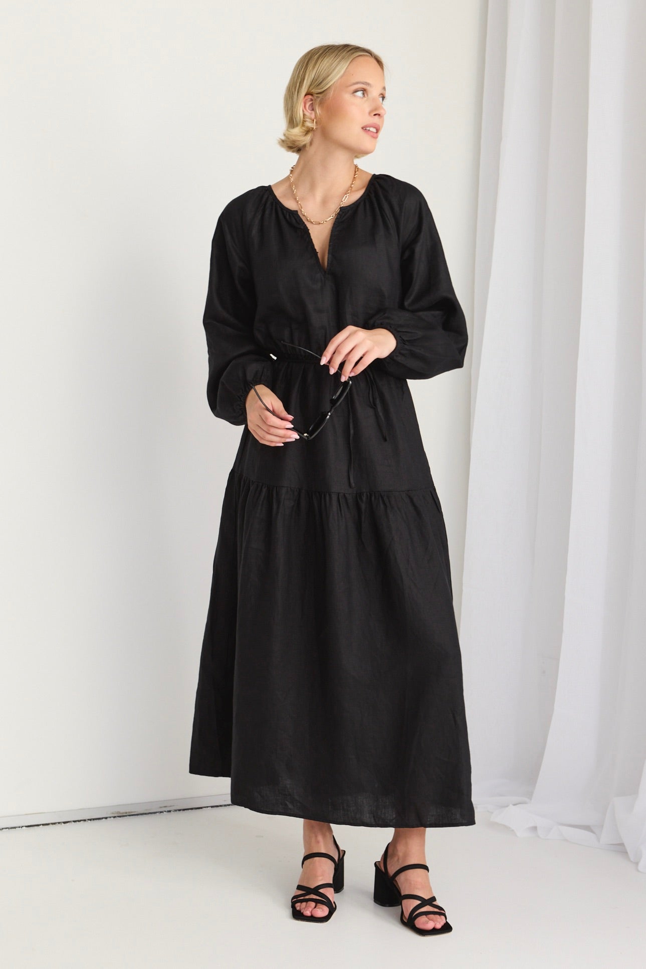 RE:UNION OASIS BLACK LINEN LS RAGLAN MAXI DRESS - BLACK - THE VOGUE STORE