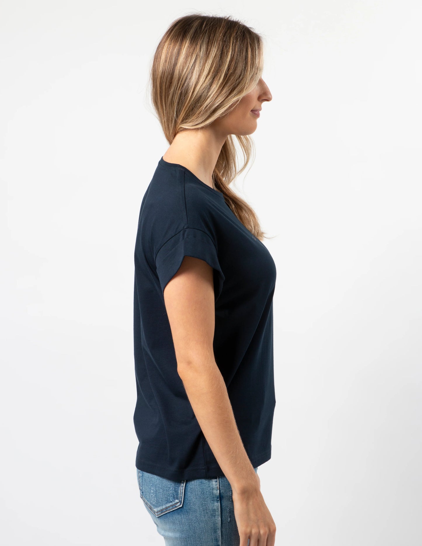 STELLA + GEMMA CUFF SLEEVE T-SHIRT - NAVY LOGO - THE VOGUE STORE