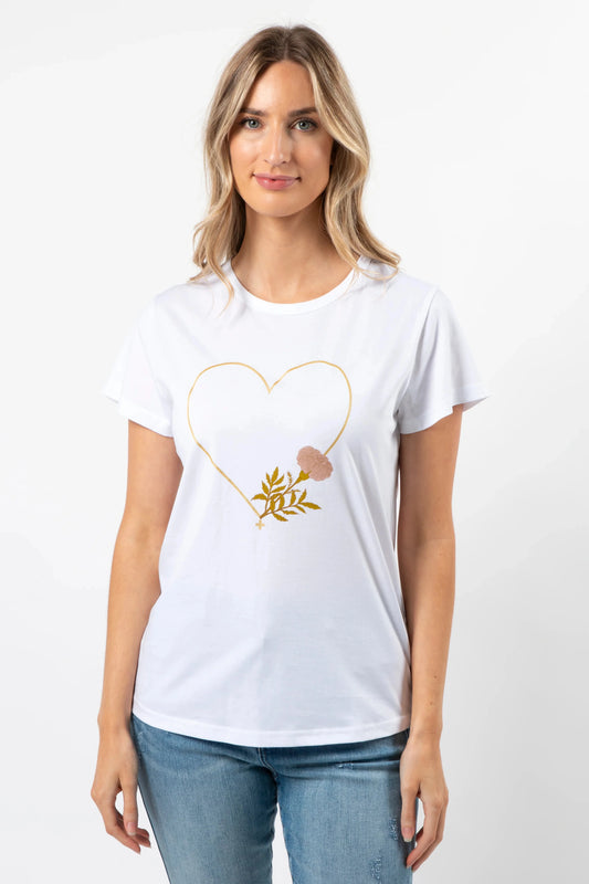 STELLA + GEMMA T-SHIRT - WHITE FIORE WITH GOLD HEART - THE VOGUE STORE