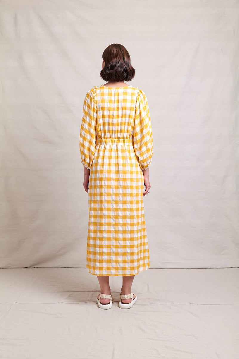 NERIS UPSCALE DRESS - MARIGOLD CHECK - THE VOGUE STORE