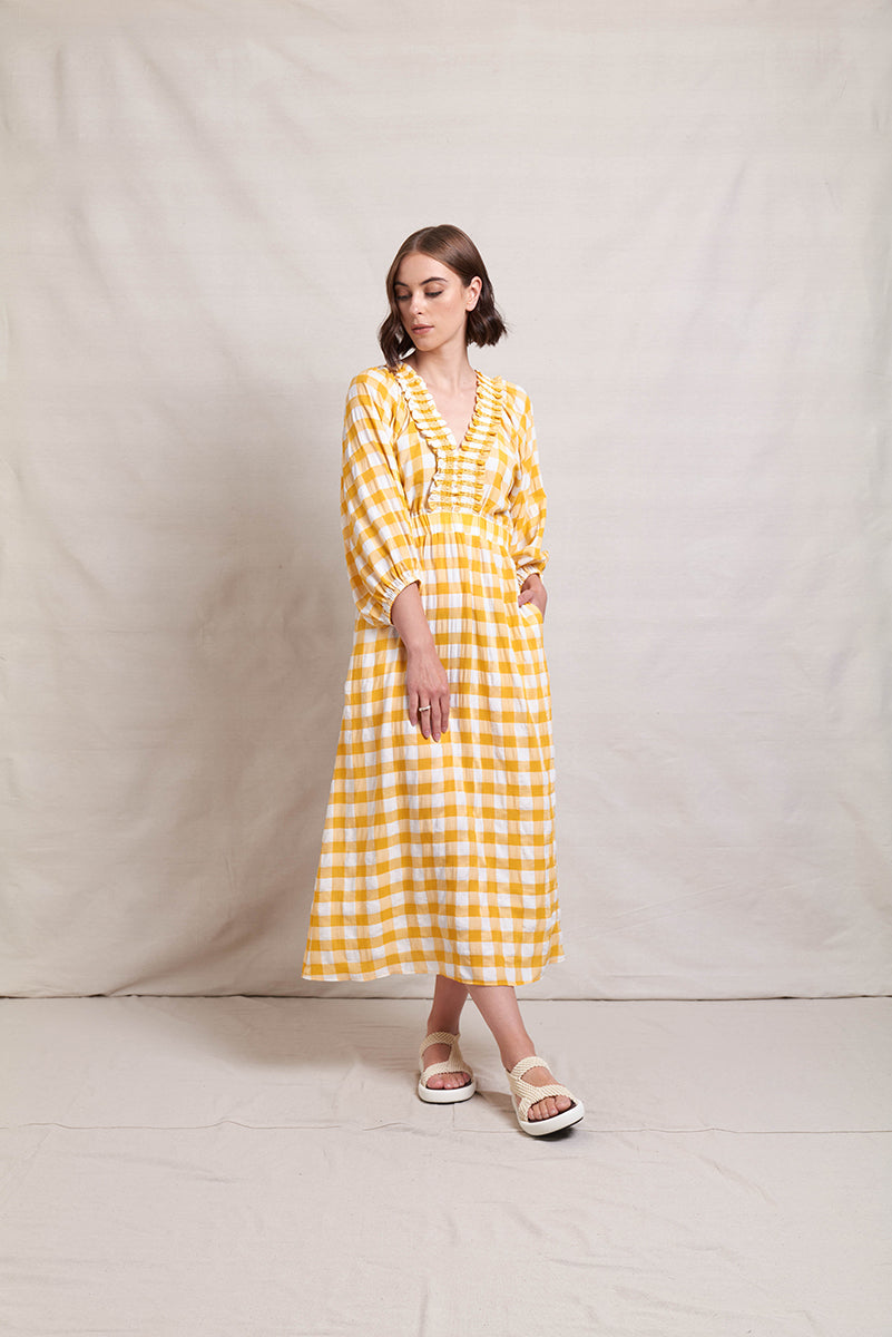 NERIS UPSCALE DRESS - MARIGOLD CHECK - THE VOGUE STORE