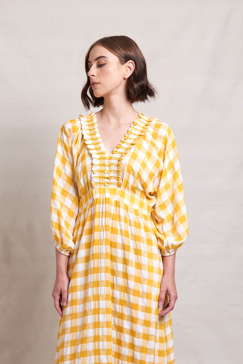 NERIS UPSCALE DRESS - MARIGOLD CHECK - THE VOGUE STORE