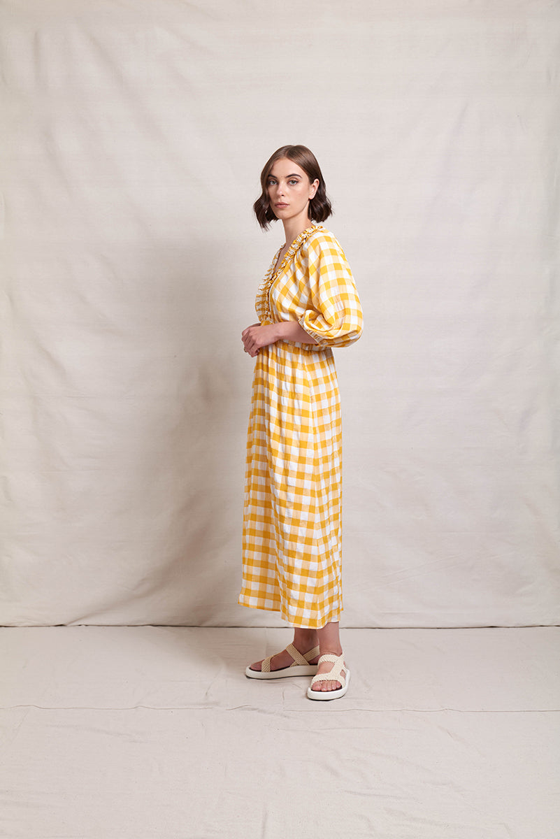 NERIS UPSCALE DRESS - MARIGOLD CHECK - THE VOGUE STORE