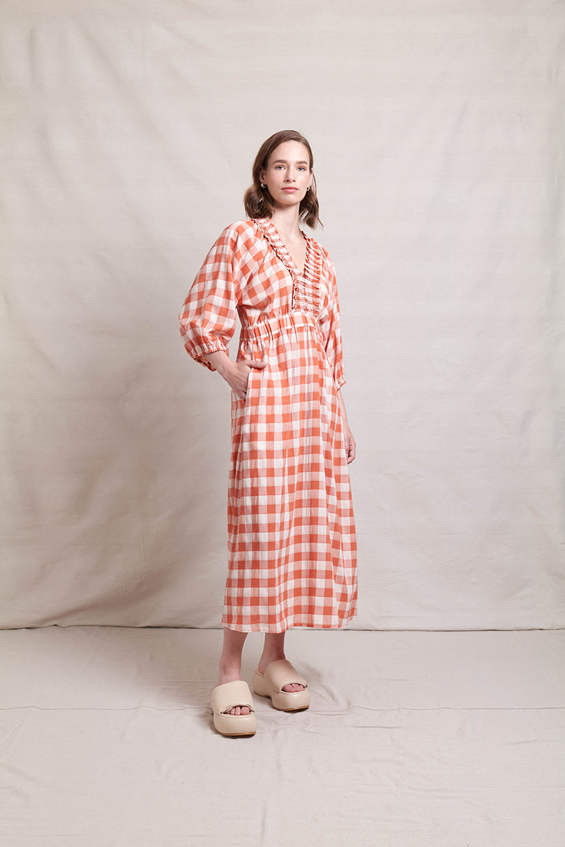 NERIS UPSCALE DRESS - TERRACOTTA CHECK - WILDROSE