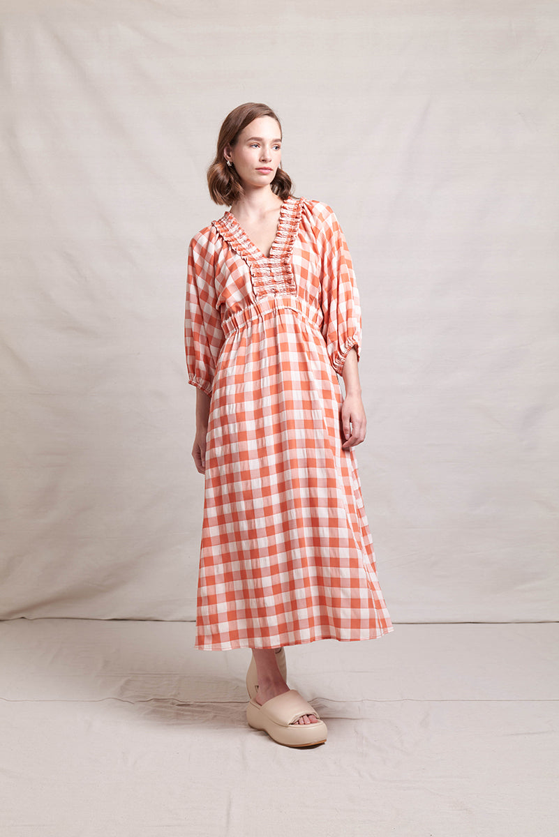 NERIS UPSCALE DRESS - TERRACOTTA CHECK - WILDROSE