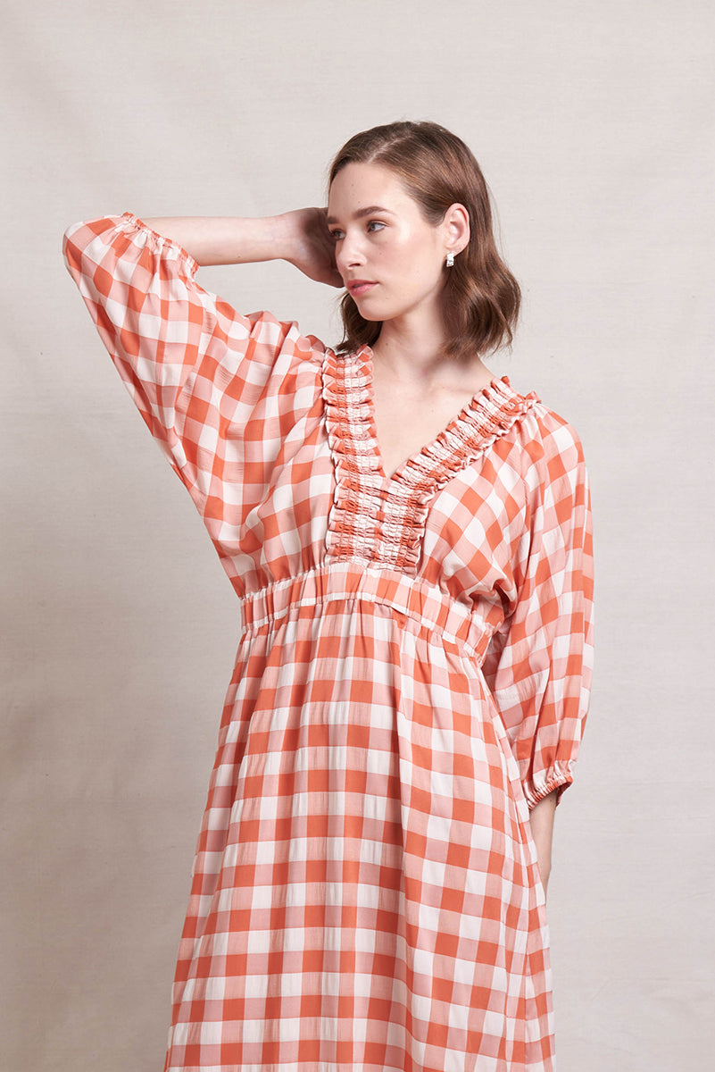 NERIS UPSCALE DRESS - TERRACOTTA CHECK - WILDROSE