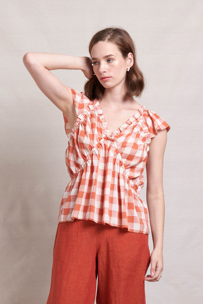 NERIS UPSCALE TOP - TERRACOTTA CHECK - THE VOGUE STORE