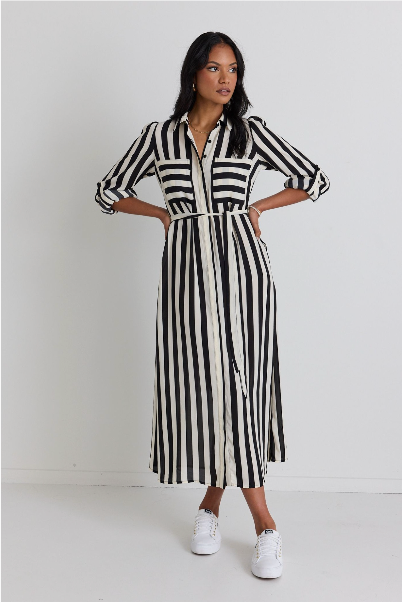 AMONG THE BRAVE CYPRUS BLACK AND WHITE STRIPE LS SHIRT MIDI DRESS - THE VOGUE STORE