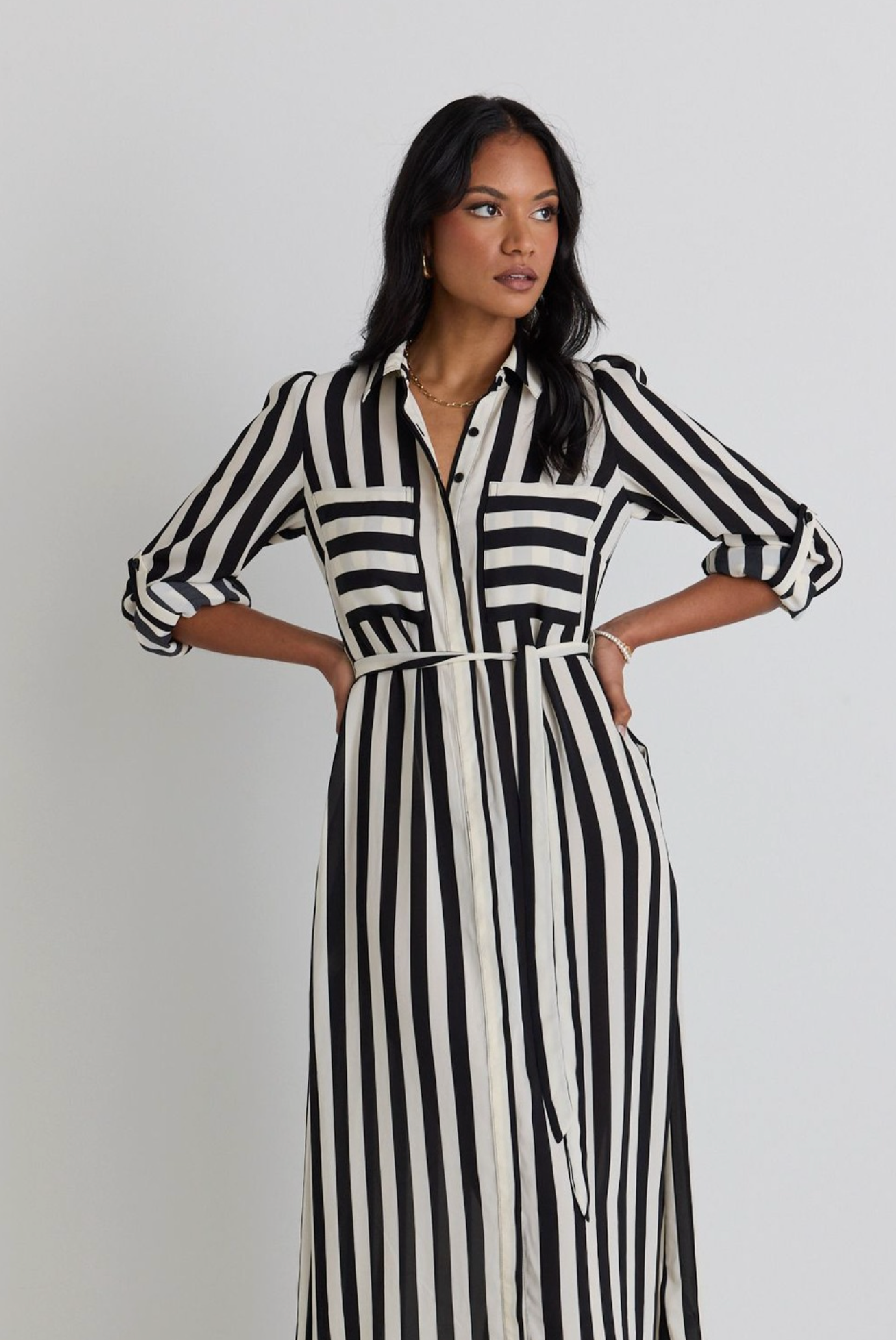 AMONG THE BRAVE CYPRUS BLACK AND WHITE STRIPE LS SHIRT MIDI DRESS - THE VOGUE STORE