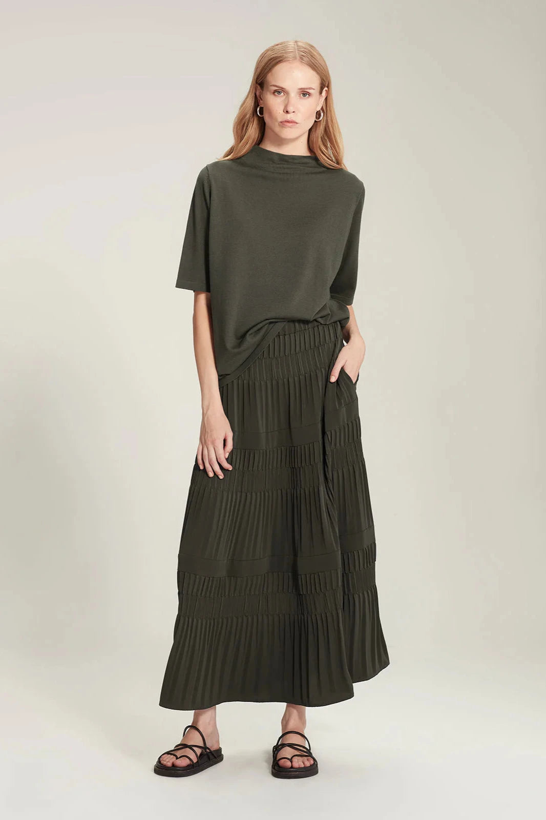 SILLS ALMA PLEAT SKIRT - KHAKI - THE VOGUE STORE