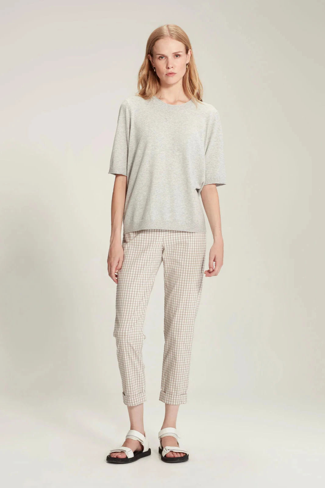 SILLS GINGHAM CUFFED HEPBURN PANT - NATURAL - THE VOGUE STORE