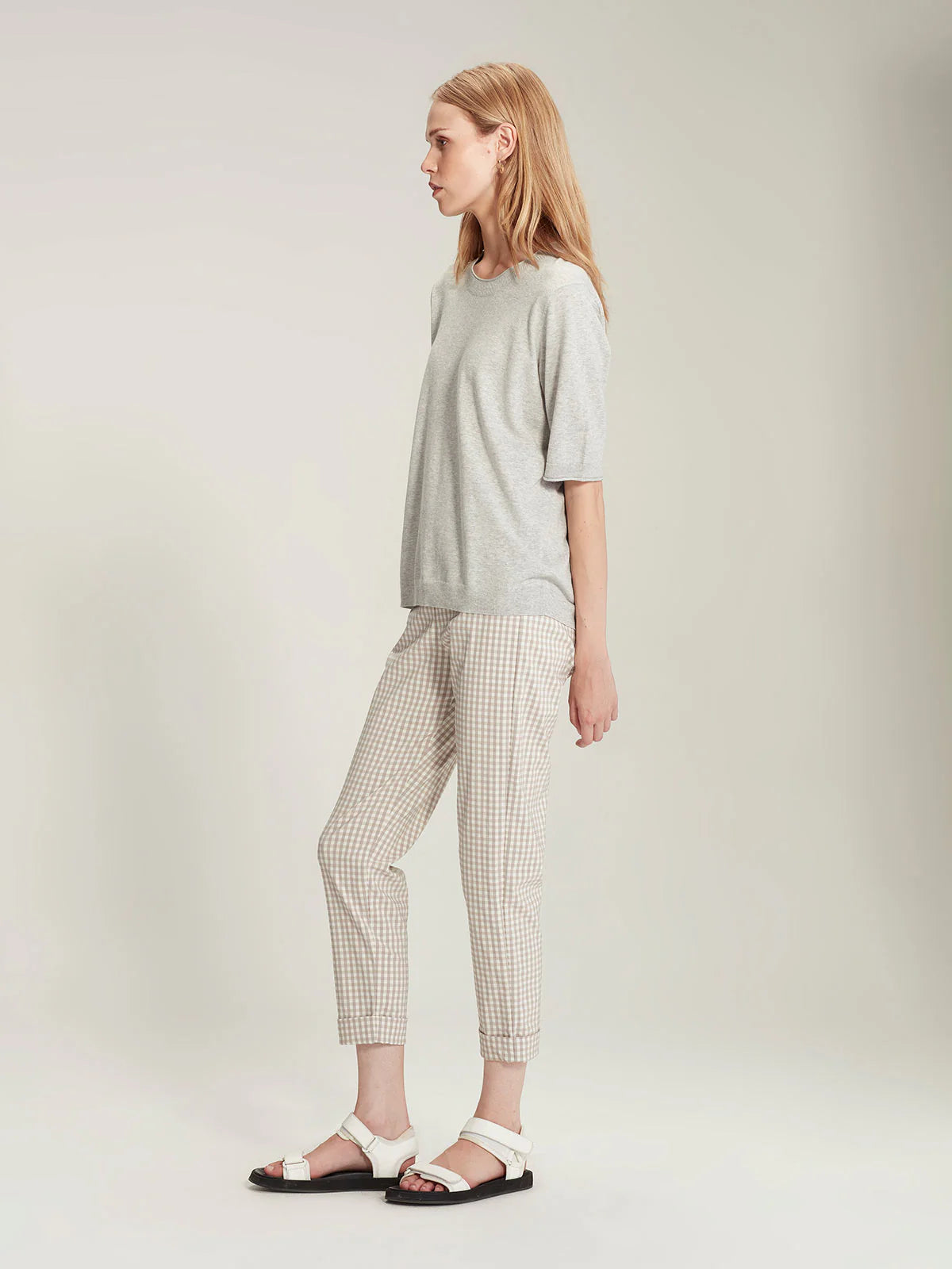 SILLS GINGHAM CUFFED HEPBURN PANT - NATURAL - THE VOGUE STORE