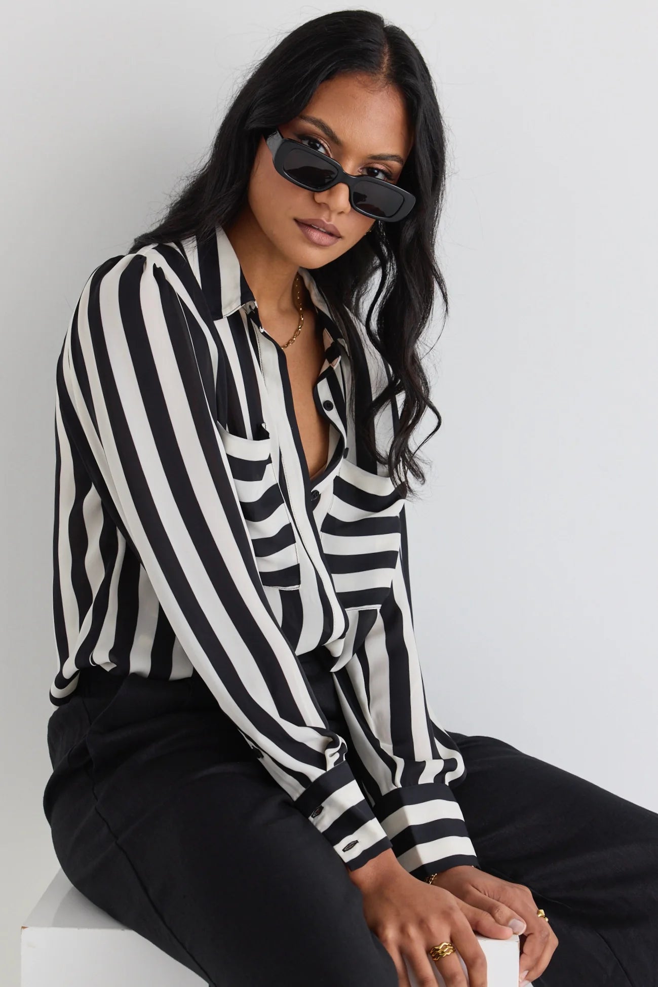 AMONG THE BRAVE SOLIDIFY BLACK WHITE STRIPE PUFF SLEEVE LS SHIRT - THE VOGUE STORE