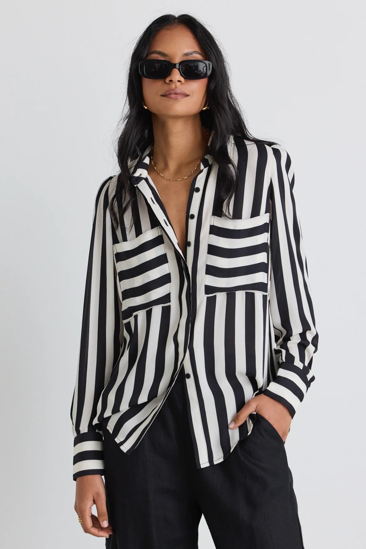 AMONG THE BRAVE SOLIDIFY BLACK WHITE STRIPE PUFF SLEEVE LS SHIRT - THE VOGUE STORE