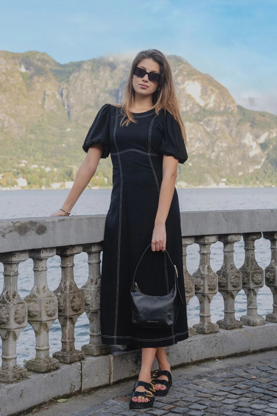 STORIES TO BE TOLD STATE BLACK LINEN BLEND SS MIDI DRESS - THE VOGUE STORE