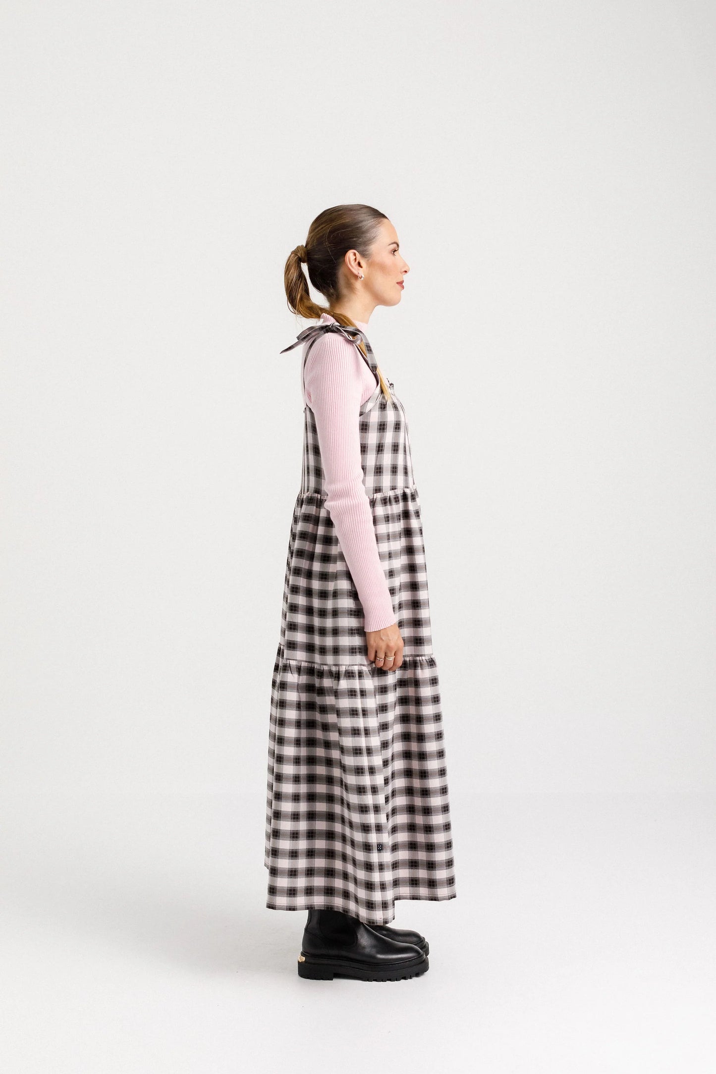 THING THING TIE UP ZIGGY DRESS - SOFT PINK CHECK - THE VOGUE STORE