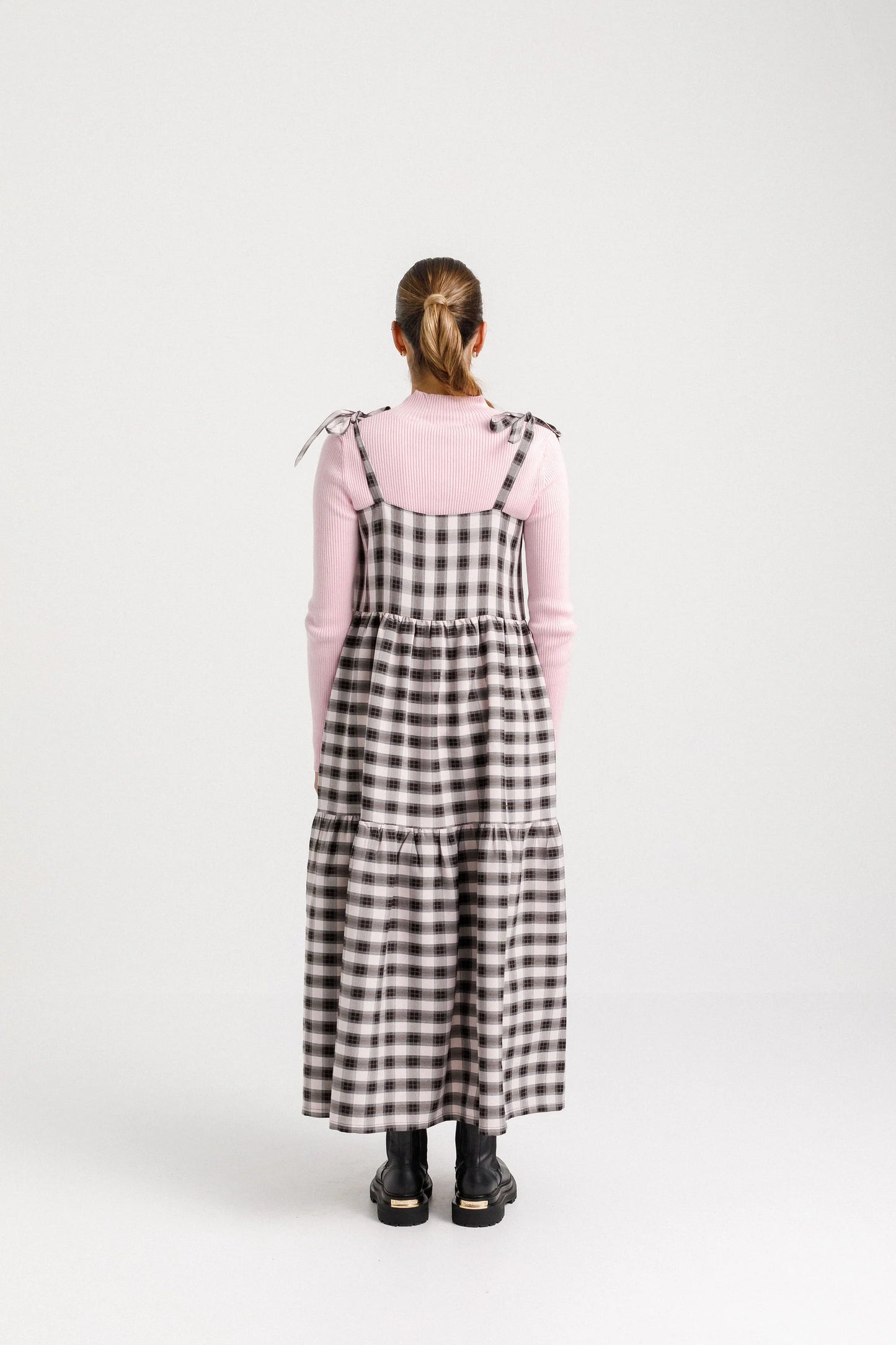 THING THING TIE UP ZIGGY DRESS - SOFT PINK CHECK - THE VOGUE STORE