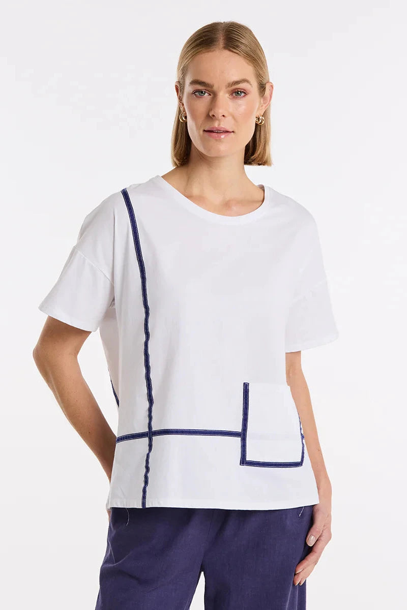 MARCO POLO BOXY TAPE TRIM TEE - WHITE - THE VOGUE STORE