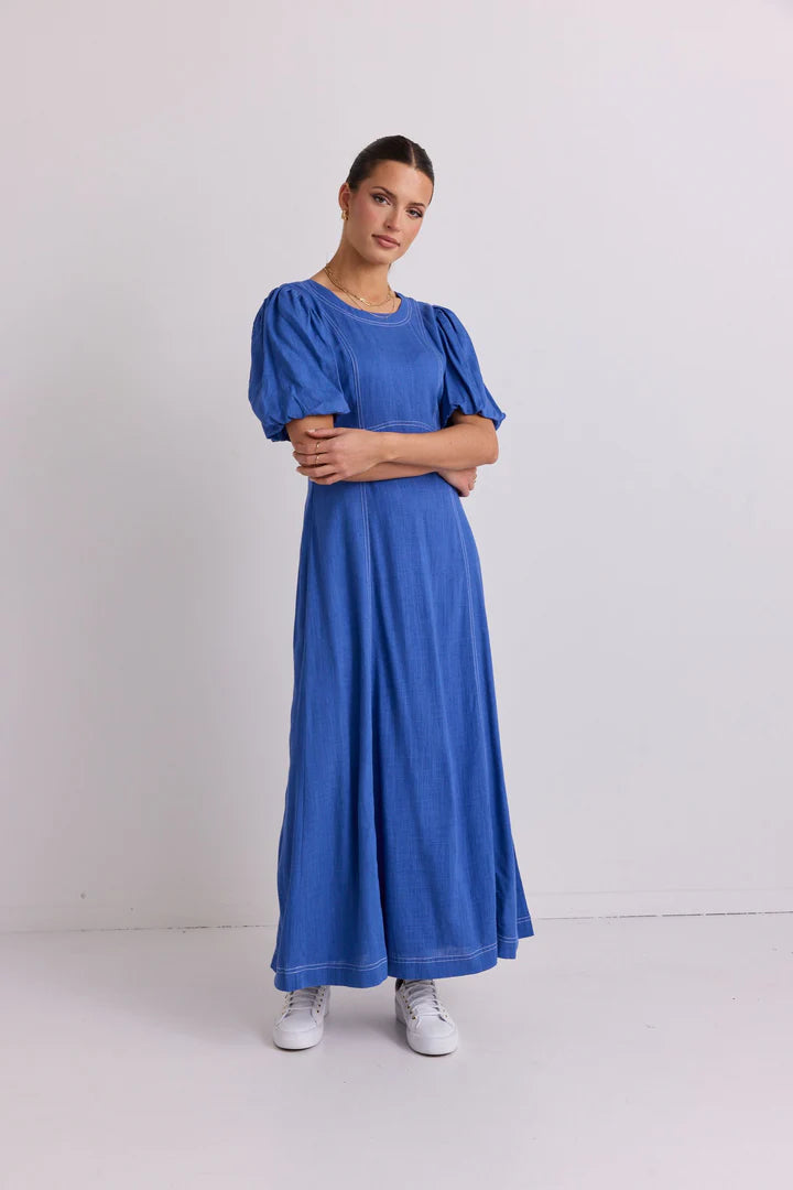 STORIES TO BE TOLD STATE LAKE BLUE LINEN BLEND SS MIDI DRESS - THE VOGUE STORE