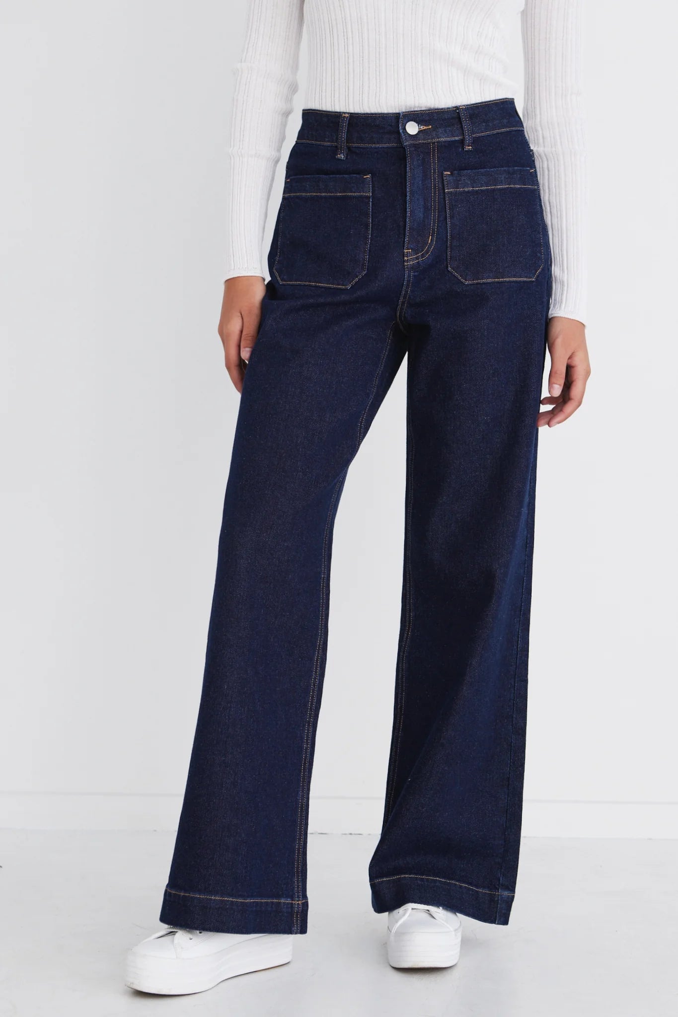 AMONG THE BRAVE ZOEY INDIGO HIGH RISE WIDE LEG POCKET JEAN - THE VOGUE STORE