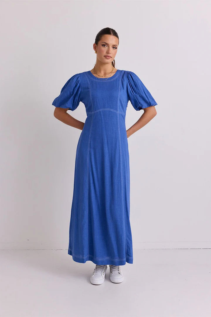 STORIES TO BE TOLD STATE LAKE BLUE LINEN BLEND SS MIDI DRESS - THE VOGUE STORE