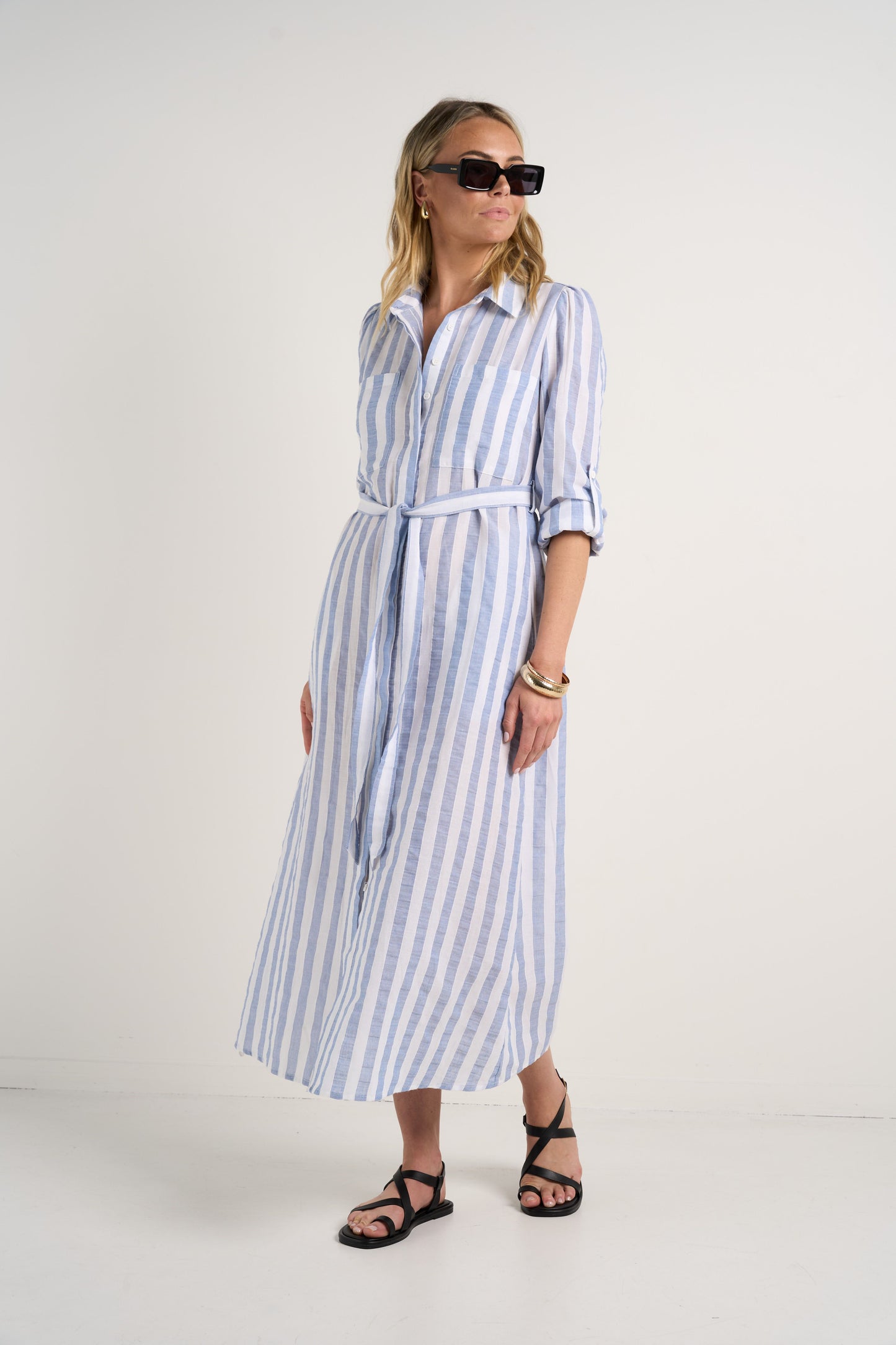 AMONG THE BRAVE CYPRUS BLUE STRIPE LS SHIRT MIDI DRESS - THE VOGUE STORE